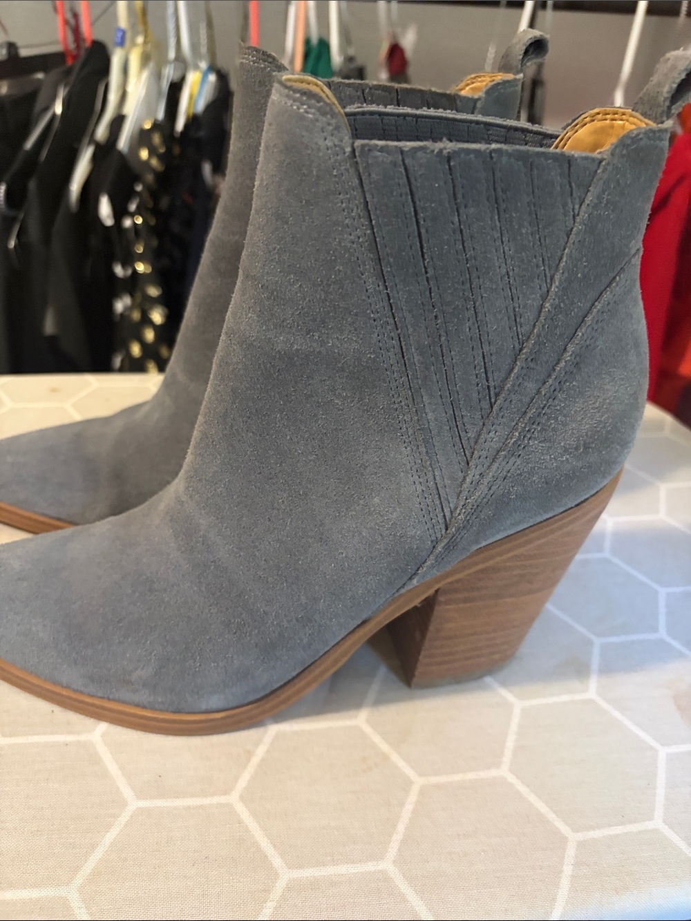 Marc Fisher Grey Suede Ankle Booties with Stacked Heel